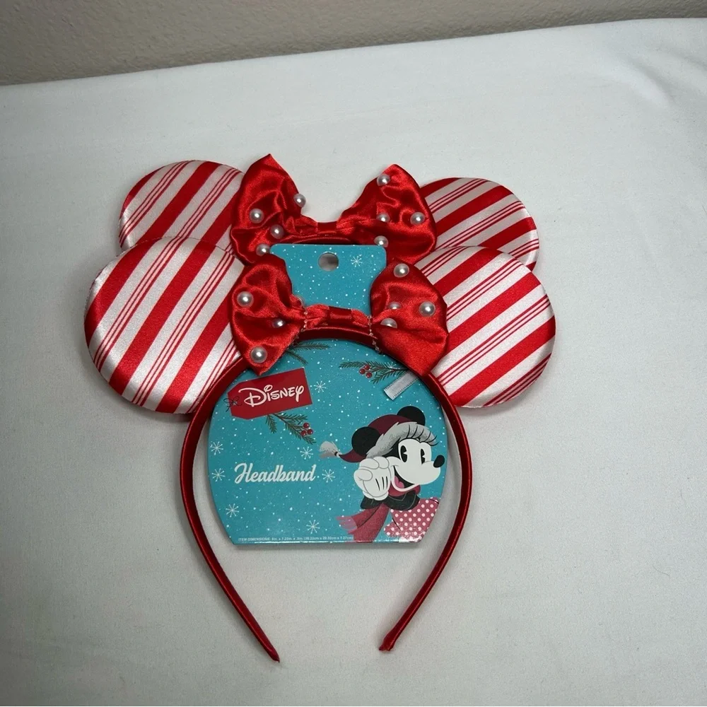 2 Disney Minnie Mouse Holidays Valentines headbands Red White Stripes Bow Pearls